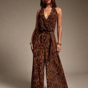 Brown Elegant Women Sexy Wide Leg Leopard Chiffon Jumpsuit